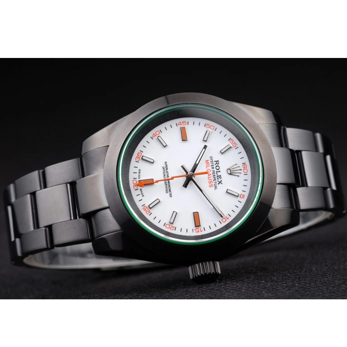 Aaa replica watch Saphire Rolex White Green Tinted Milgauss Pro-Hunter Dial 0801